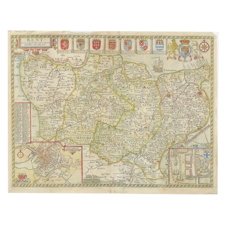Antique Map of Kent with Inset Plans of Rochester & Canterbury, England, 1676 For Sale
