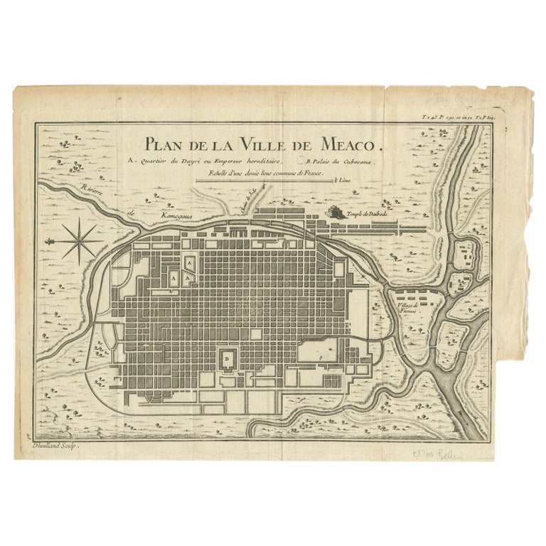 Antique map titled 'Plan de la Ville de Meaco'. 

Detailed plan of Kyoto, located in the Kansai region on the island of Honshu, Japan. This map most likely originates from an edition of 'Histoire et description generale du Japon' by P.F.X. de