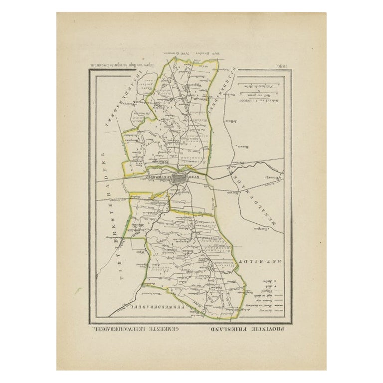 Antique Map of Leeuwarderadeel in Friesland, The Netherlands, 1868 For Sale