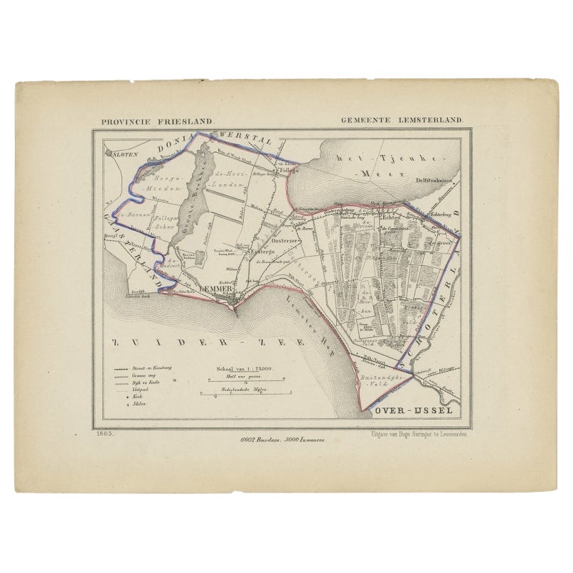 Antique Map of Lemsterland in the Netherlands, 1868 For Sale