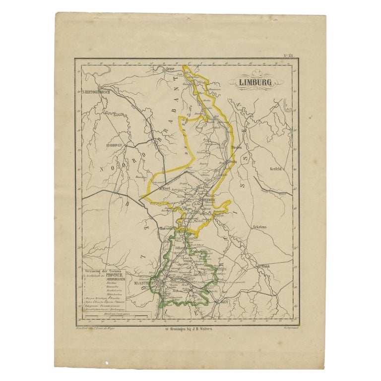 Carte ancienne du Limbourg, la plus grande province du sud des Pays-Bas, vers1870