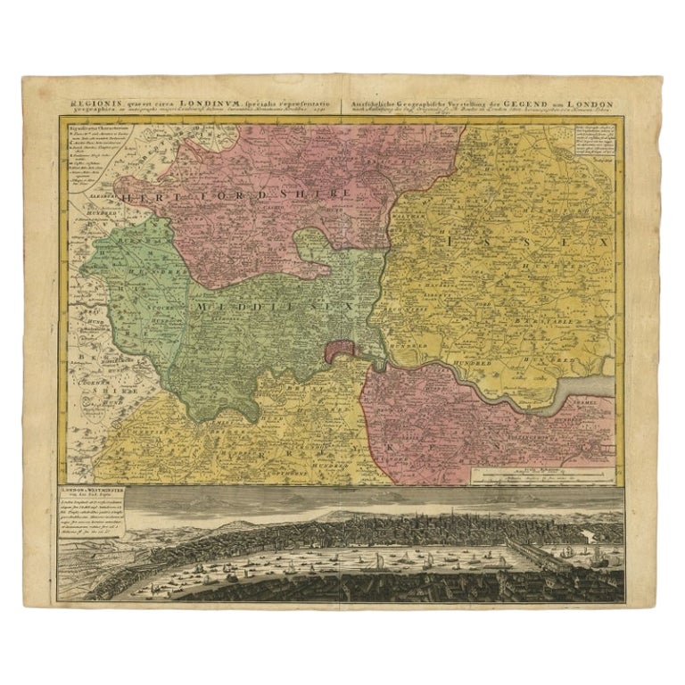 Carte ancienne de Londres montrant la région de l'Essex au Surrey, Angleterre, 1741