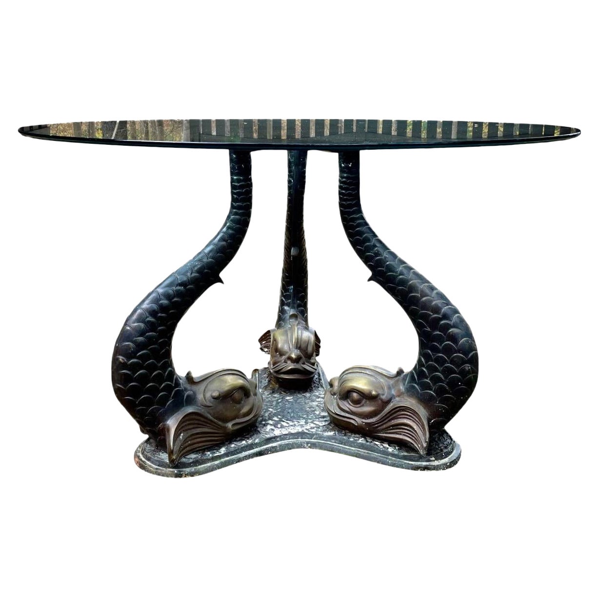 Vintage Bronze Dolphin and Glass Pedestal Dining Center Table Made In Italy