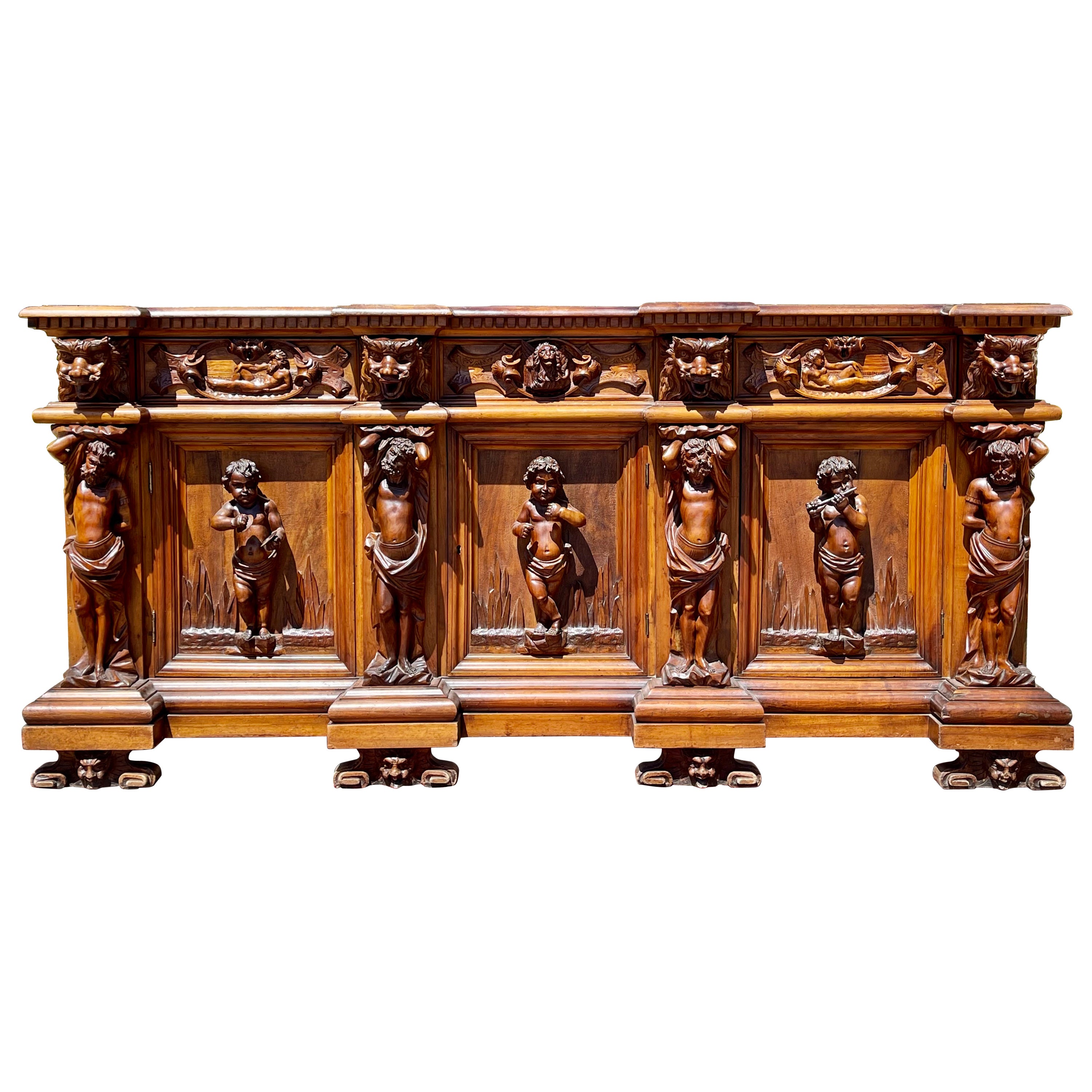 19th Century, Wonderful Carved Walnut Buffet Italian Style