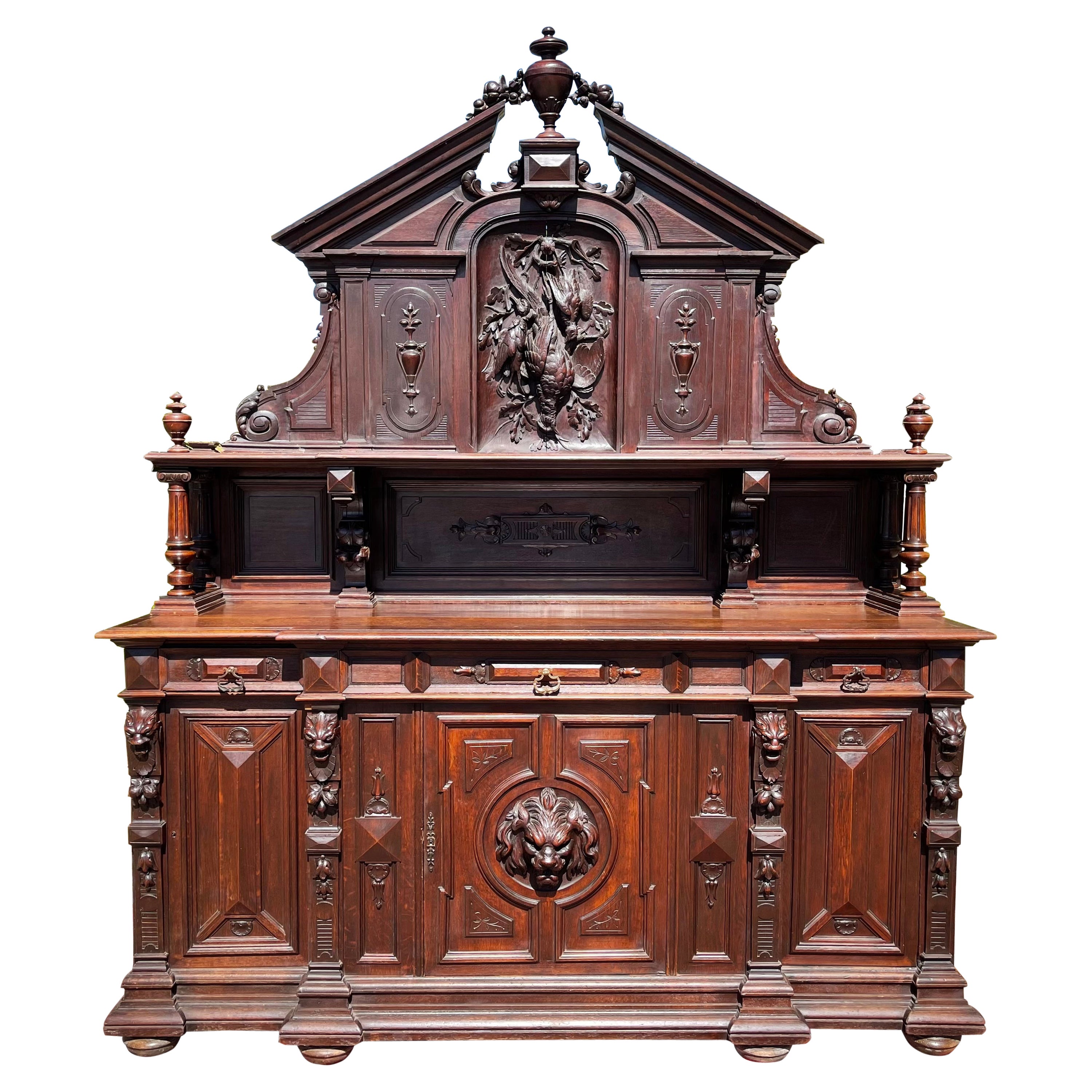 19th Century, Renaissance Style Oak Hunting Buffet Richly Carved