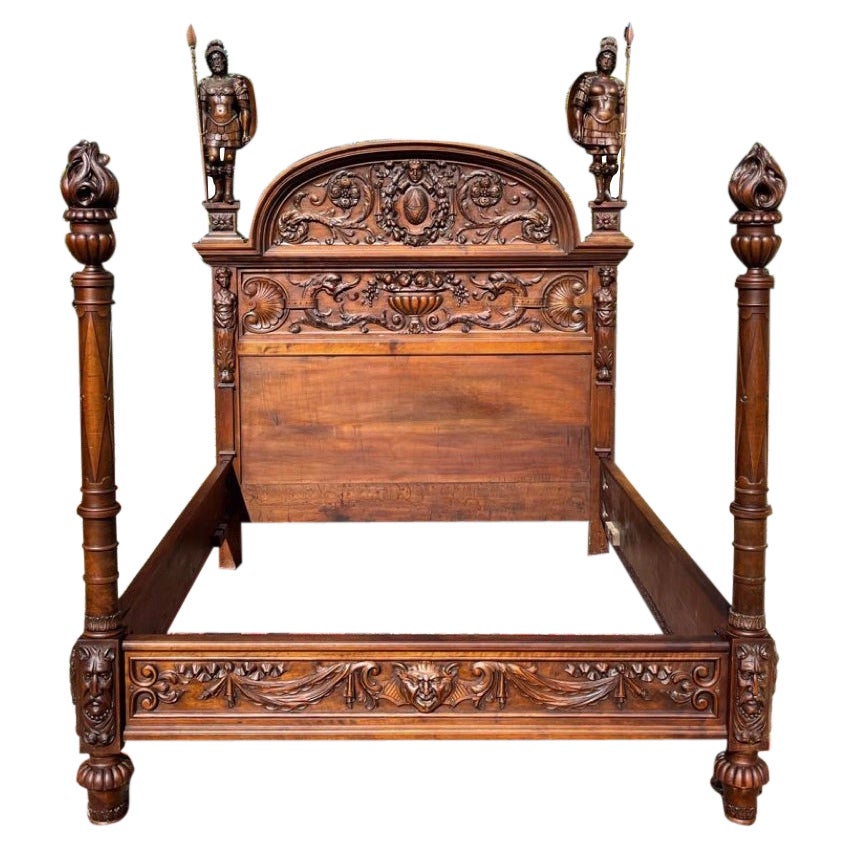 19th Century, Renaissance Style Carved Walnut Castle Bed For Sale