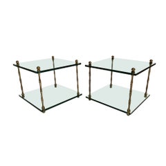 Pair Italian Mid Century Modern Faux Bamboo Glass and Brass Side Tables