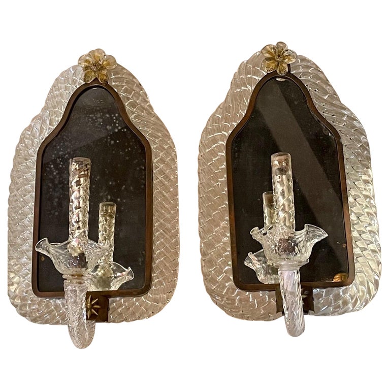 Pair of Vintage Italian Murano Glass Wall Sconces For Sale