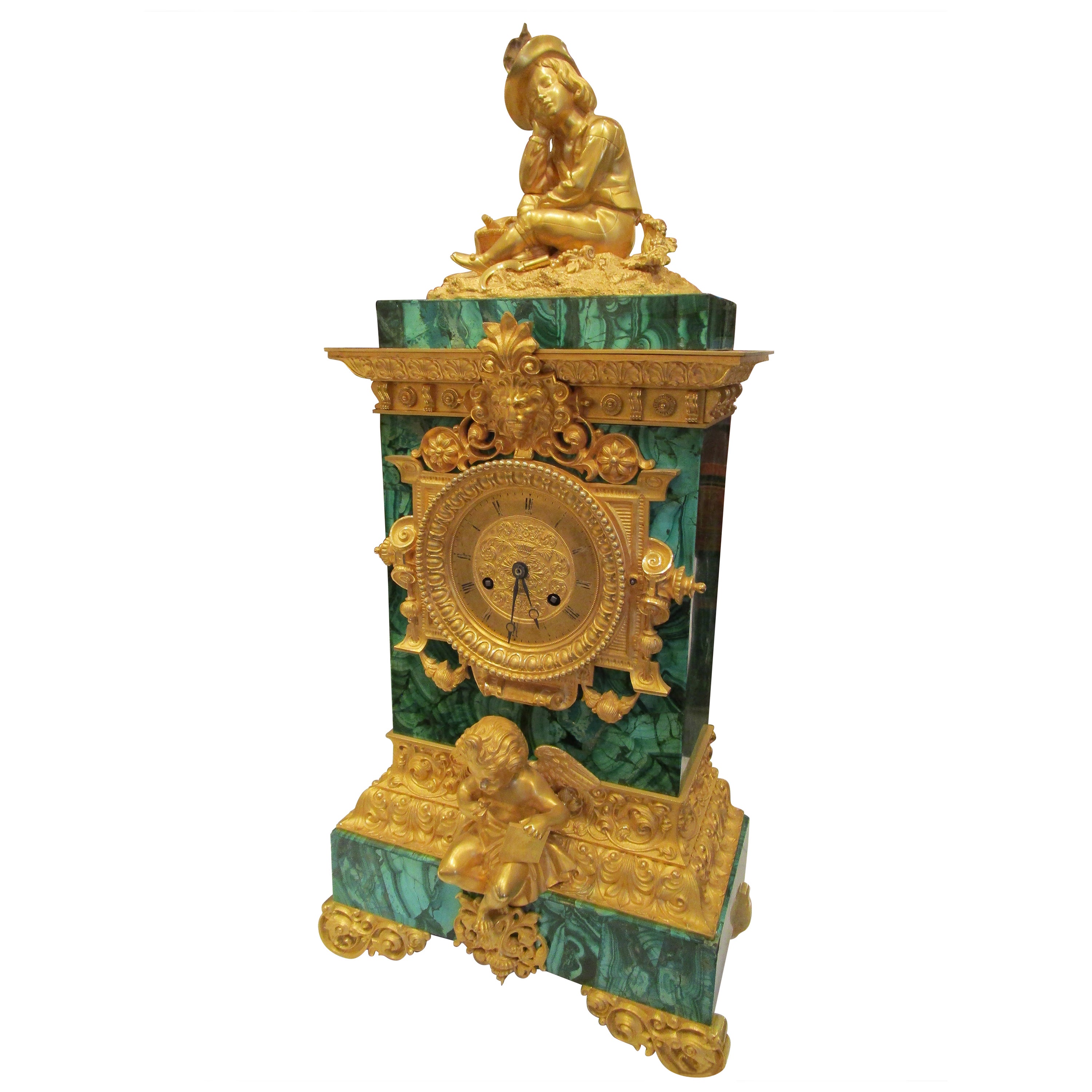 Französischer oder russischer Kaminsims aus vergoldeter Bronze und Malachit aus dem 19. Jahrhundert, selten 