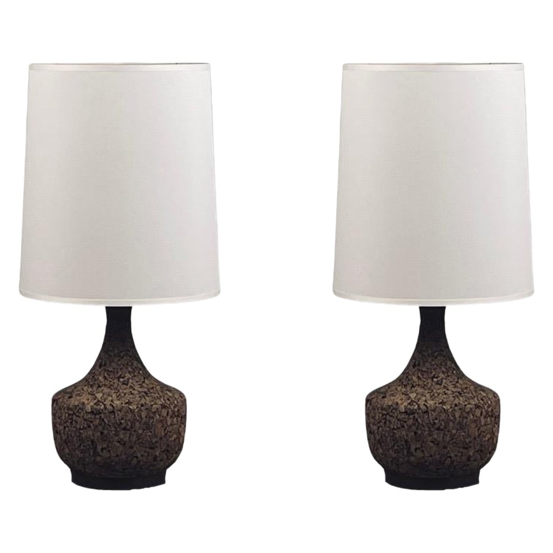 Pair of 70's Cork and Walnut Lamps with New Linen Shades For Sale