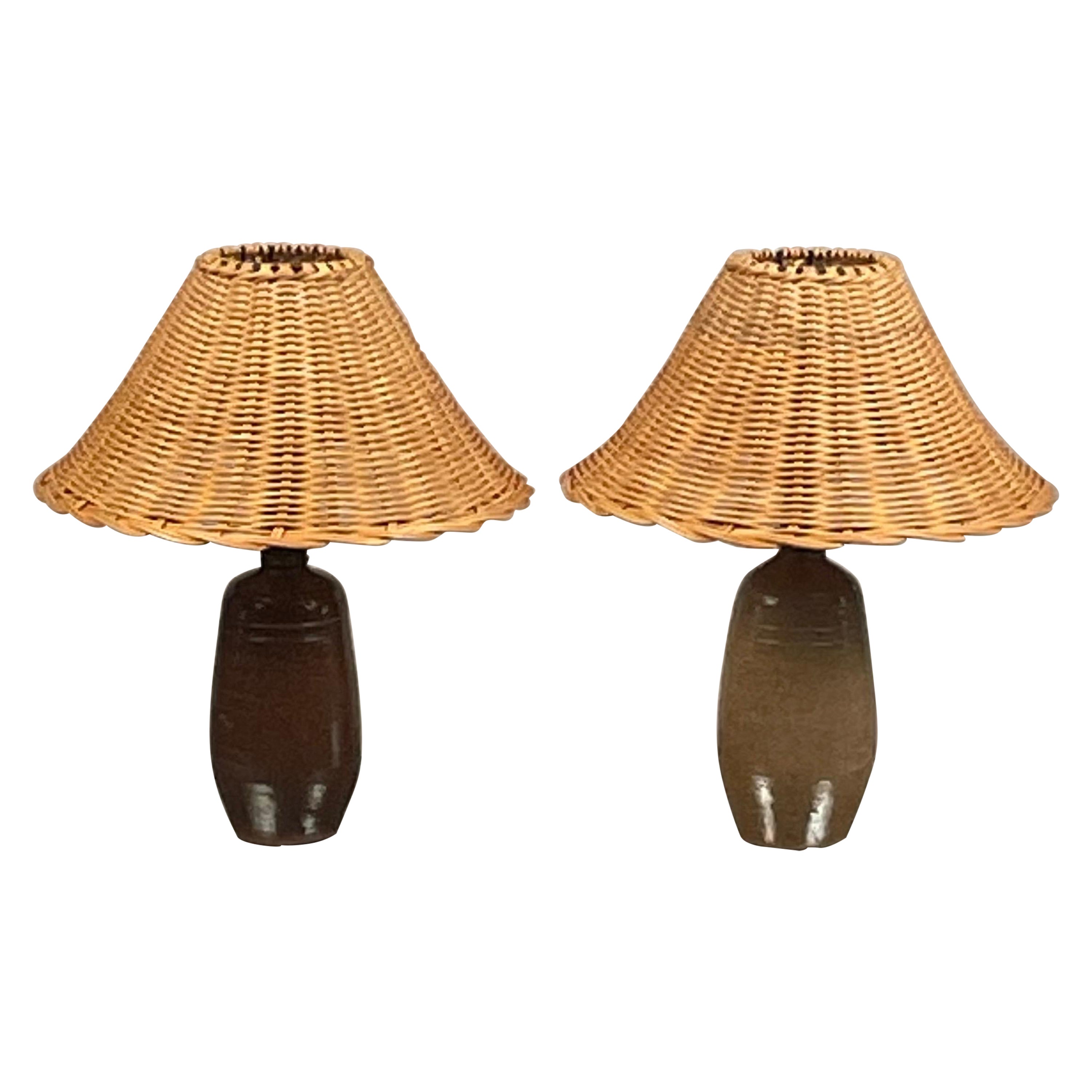 Pair of Chic "Gourde" Terracotta and Rattan Lamps by Design Frères For Sale