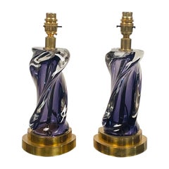 Pair of Chic Purple Murano Glass and Brass Lamps