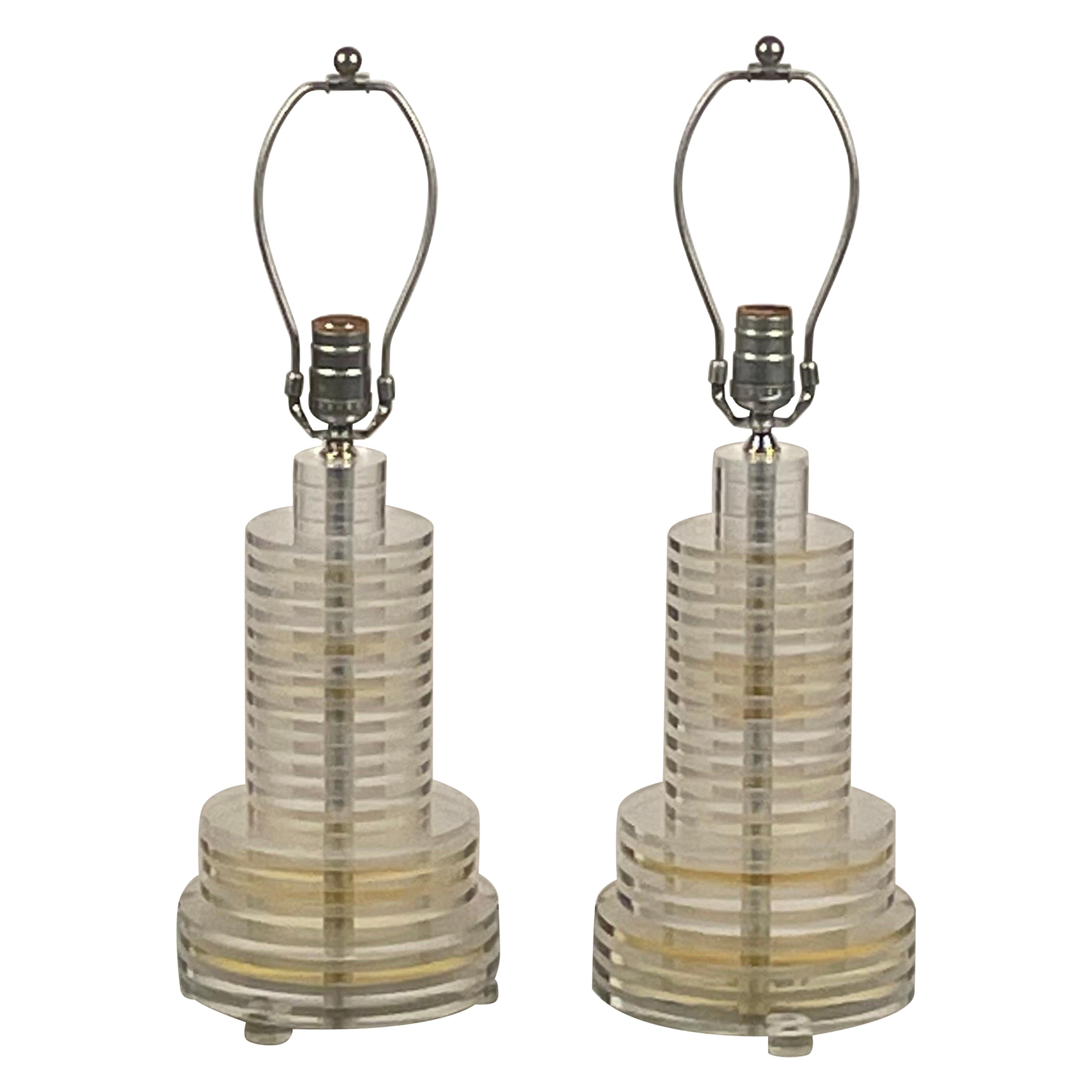 Pair of Sculptural 70's Clear and Tinted Lucite Disc Lamps