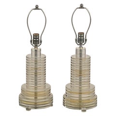 Pair of Sculptural 70's Clear and Tinted Lucite Disc Lamps