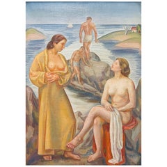 "Bathers at the Shore, " Art Deco Painting of Swimmers by Karfunkle