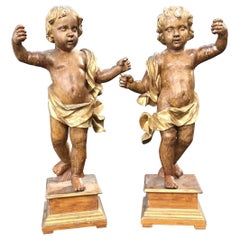 Large 18th Century Polychrome and Giltwood Cherub from Italy, a Pair