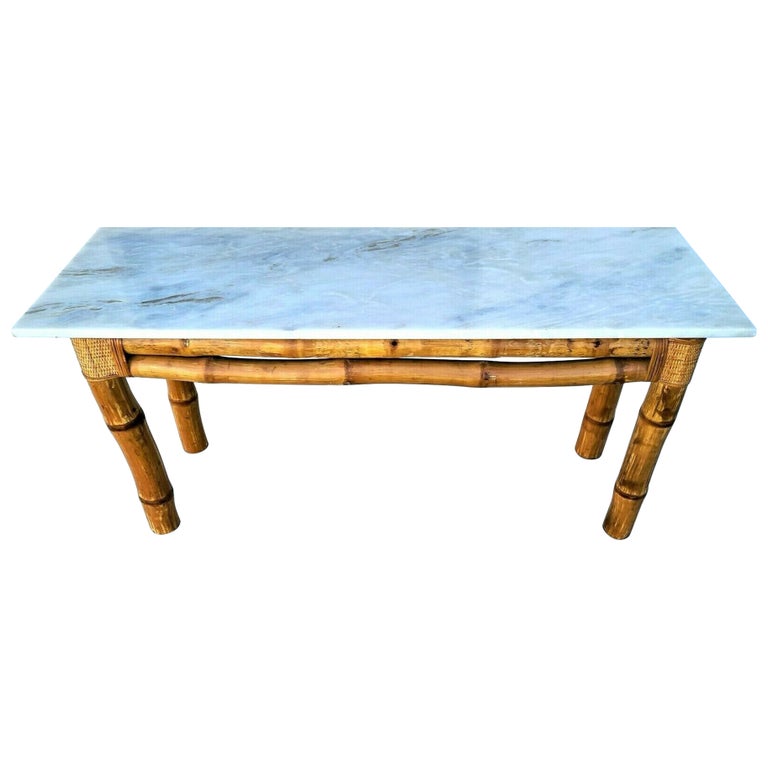 70's Elephant Bamboo Rattan Marble Top Console Sofa Table For Sale