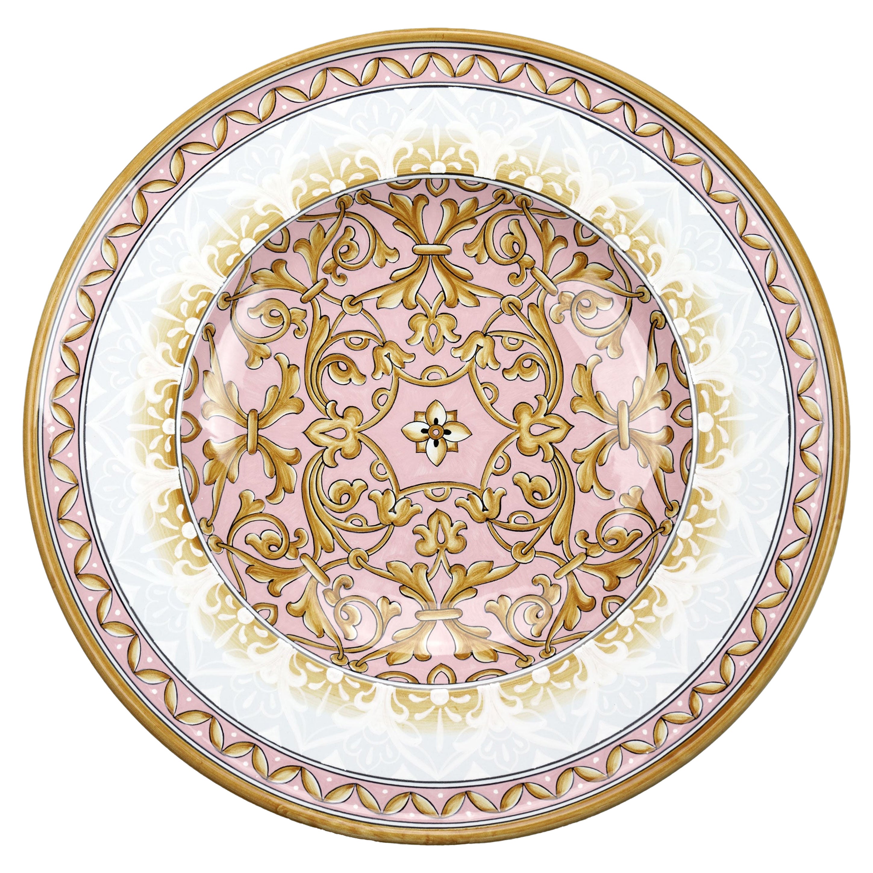 Plate or Bowl Centerpiece Majolica, Wall Dish Decorated, Pink White, In Stock