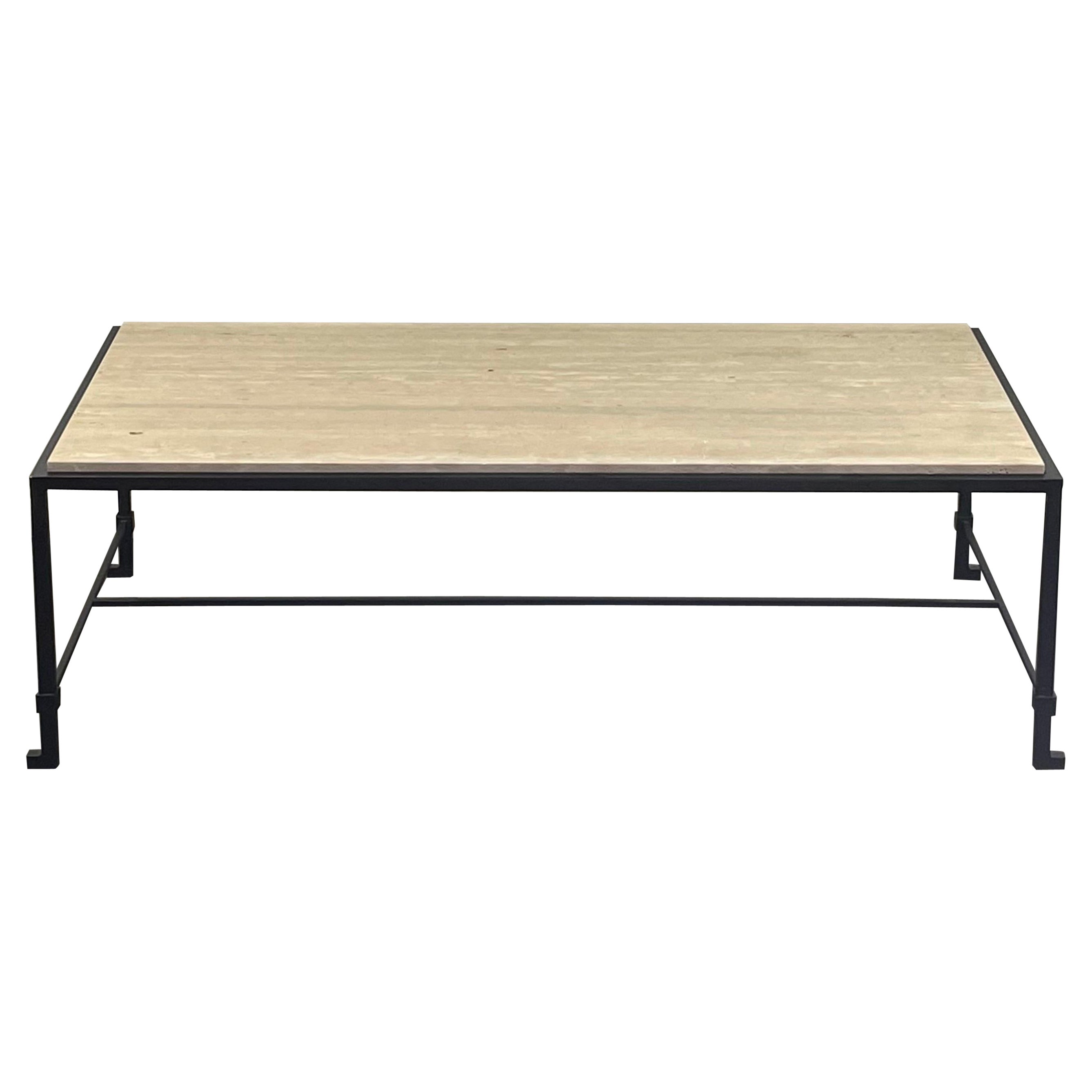 Narrow 'Diagramme' Iron and Travertine Coffee Table by Design Frères For Sale
