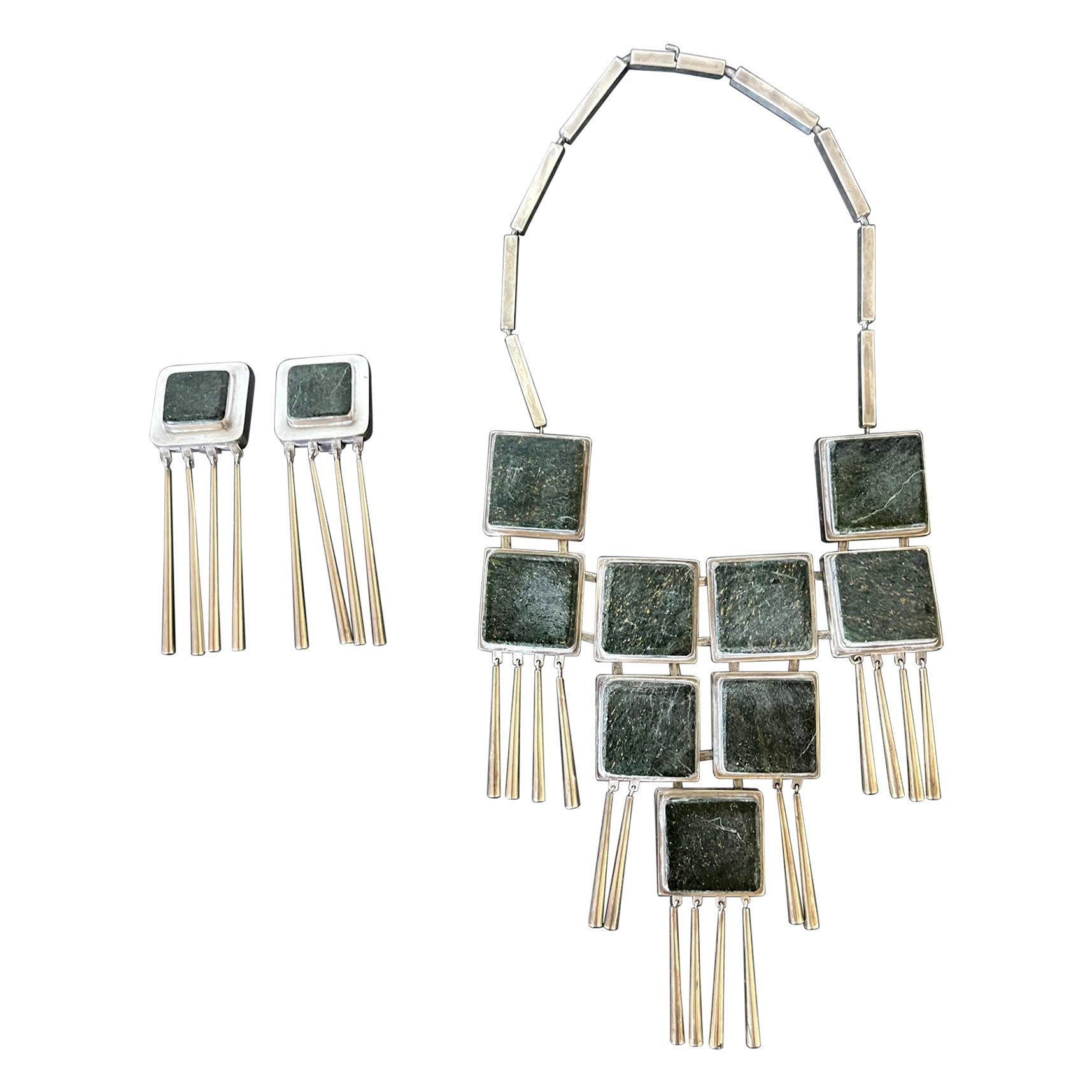 Silberne und grüne Hartstein-Halskette und Ohrring-Schmuck Suite Graziella Laffi