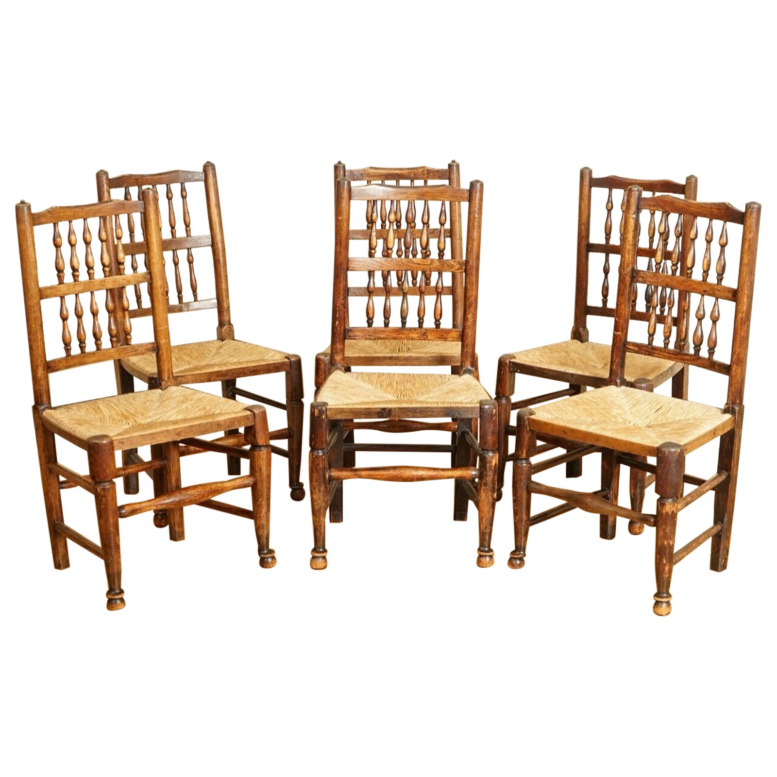 Suite of Six Back Elm Rush Seat Dining Chairs, circa 1860