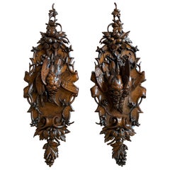 Antique Pair 19th Century Carved Black Forest Game Trophy Wall Plaque Swiss Pheasant