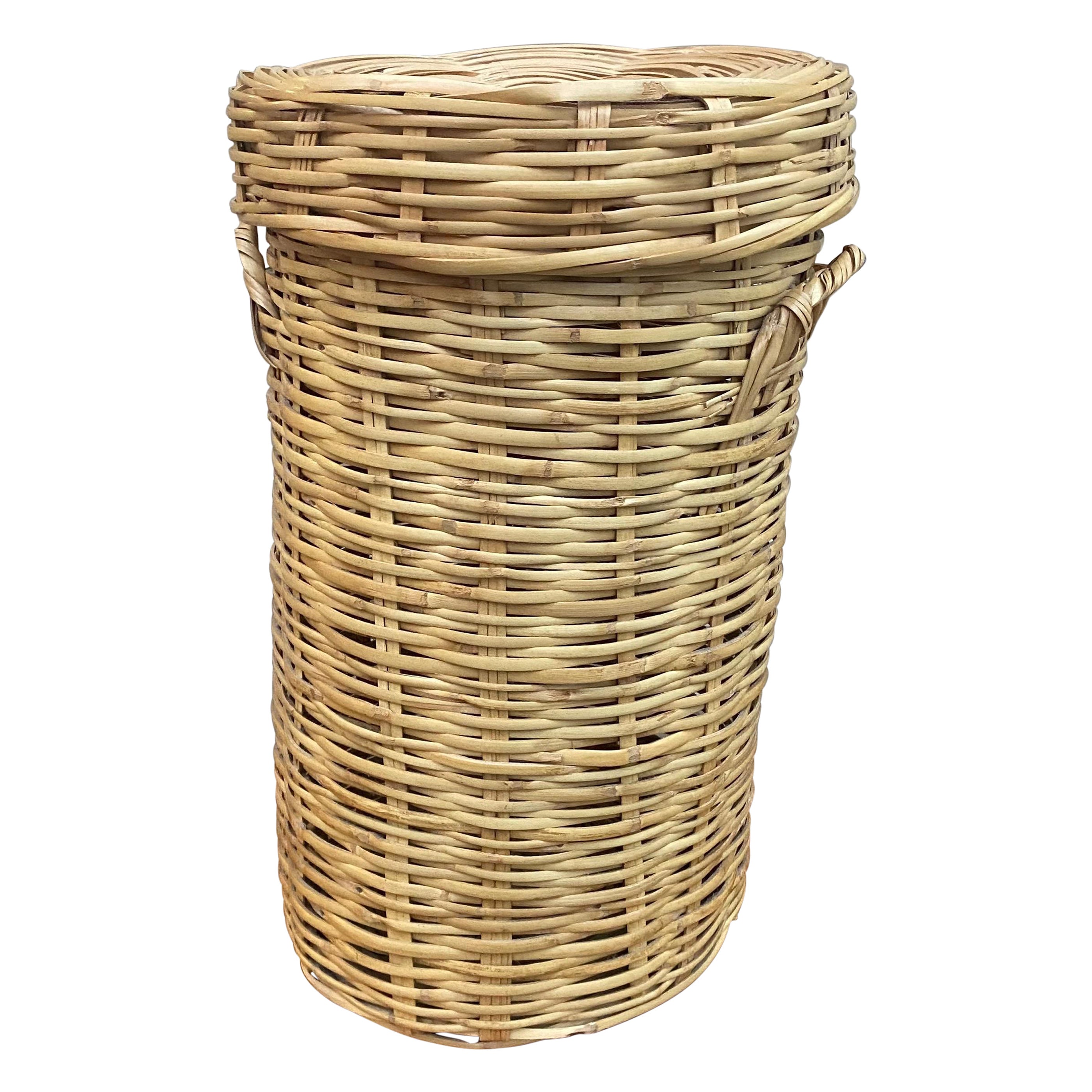 1970s Tall Natural Toned Basket with Lid, 2 Pieces For Sale