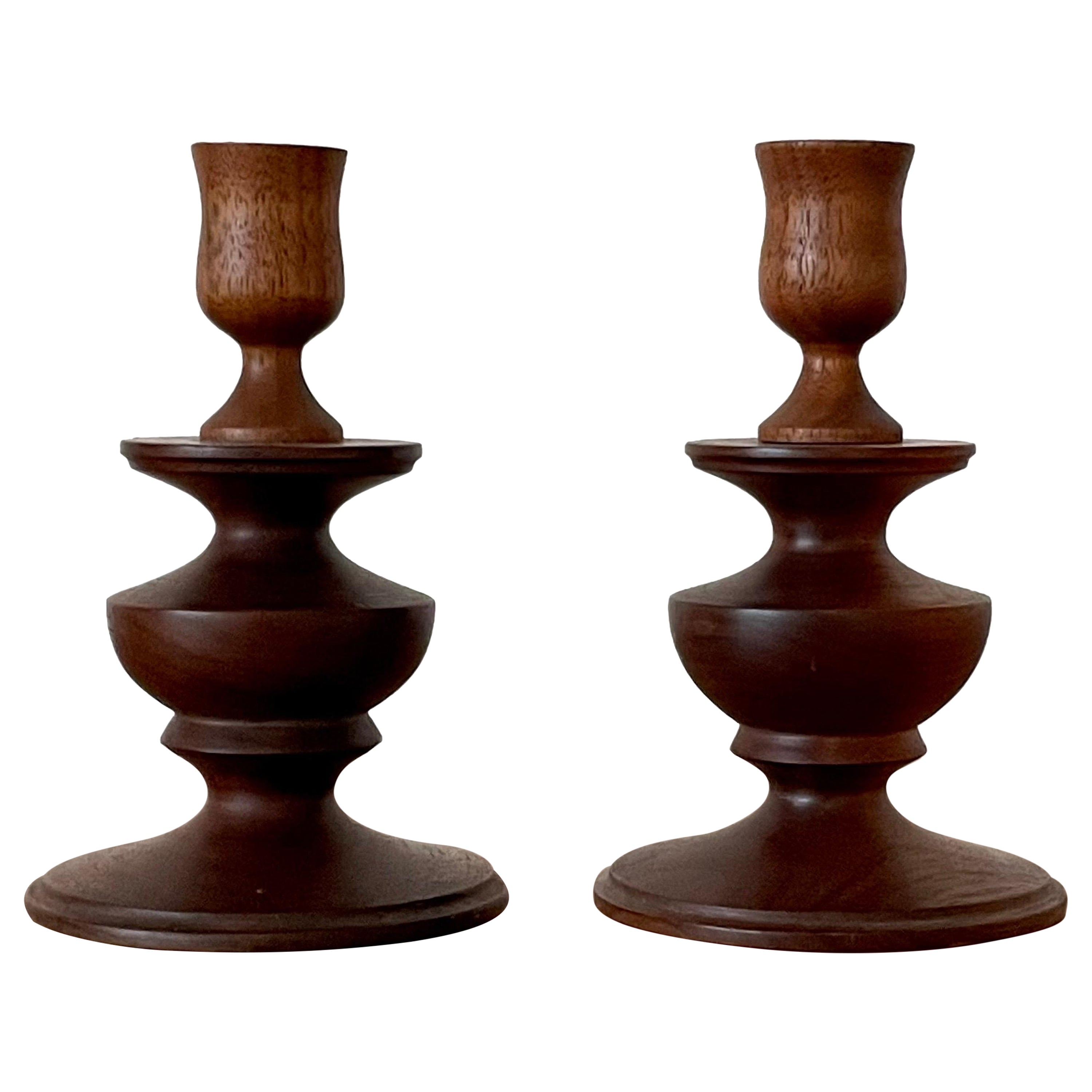 Modernist Signed Turned Wood Candle Holders, 1978 For Sale