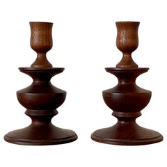 Modernist Signed Turned Wood Candle Holders, 1978