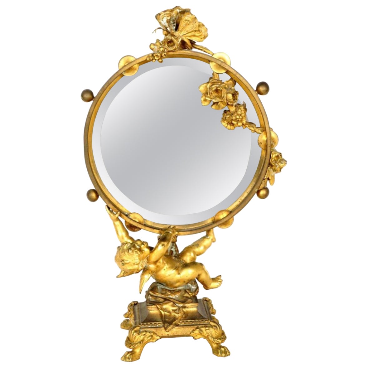 French Gilt Bronze Ormolu Figural Table Mirror