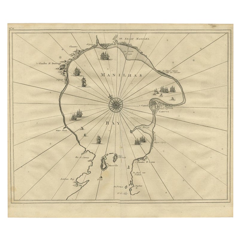 Carte ancienne gravée de Manila, la première carte accessible de la baie de Manila, 1726