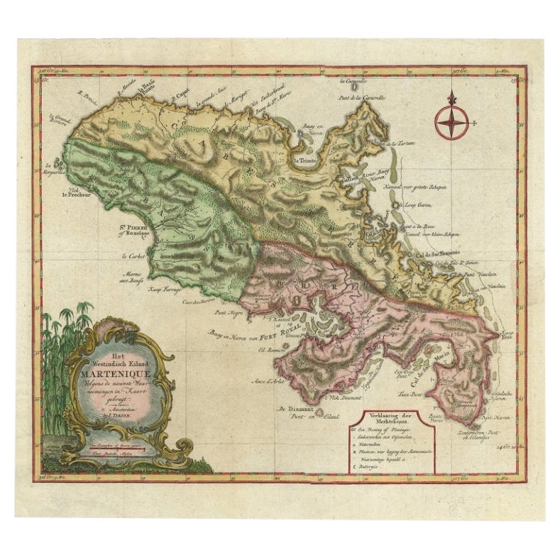 Antique Map of Martinique with Title Cartouche Garnished with Sugar Cane, c.1760 For Sale