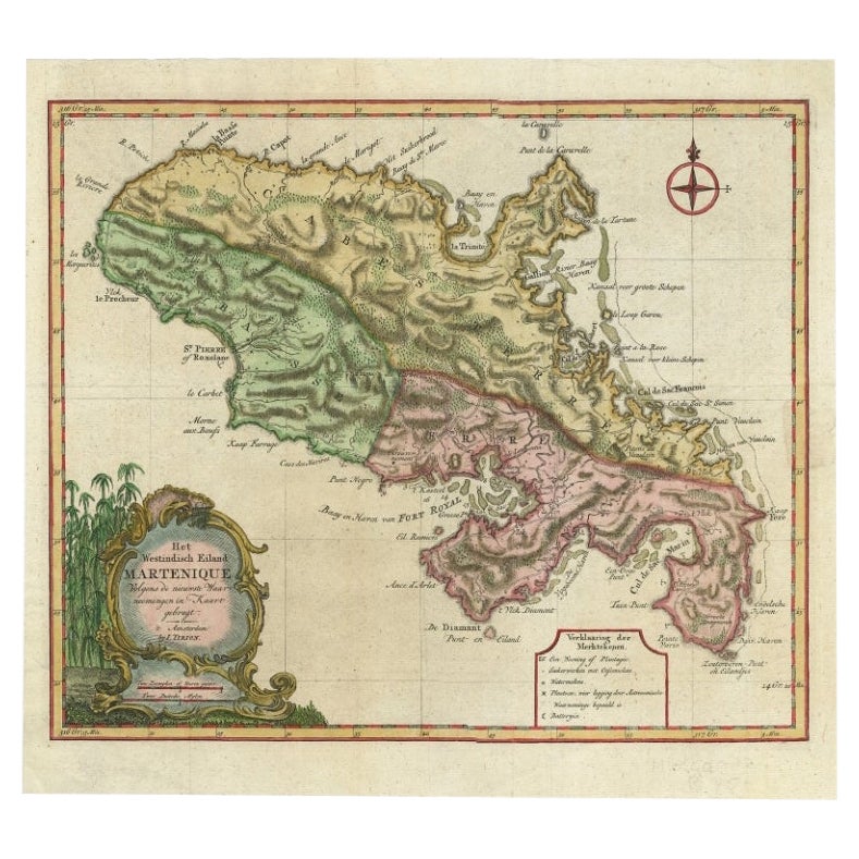 Carte ancienne de Martinique avec titre cartouche garni de canne à sucre, vers 1760