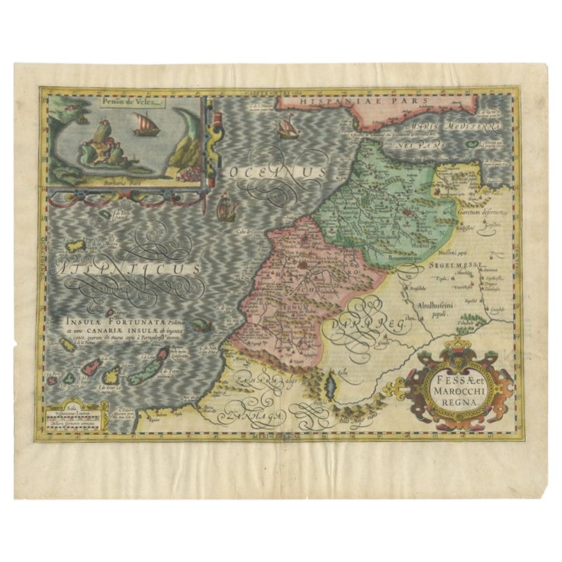 Old Map of Morocco, The Canary Islands, Madeira, Inset of Penon de Velez, 1605 For Sale