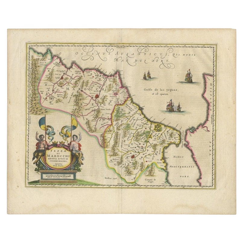 Antique Map of Morocco Showing Towns of Marakesh, Taradant and Fez, 1636 For Sale