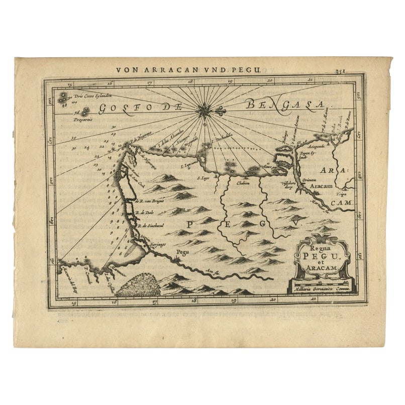 Carte ancienne du Myanmar intitulée "Regna Pegu et Aracam" par l'ébéniste Janssonius, 1651 en vente