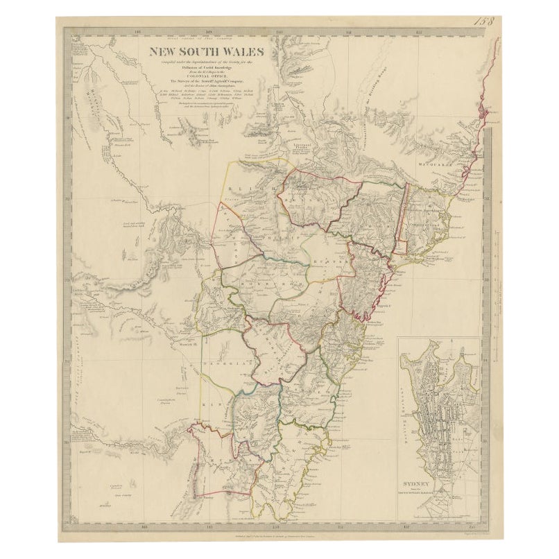 Antike Karte von New South Wales mit einem Intarsien aus Sydney, Australien, 1833