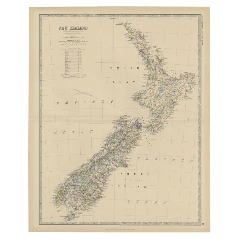 Antique Map of New Zealand by Scottish Geographer Johnston, 1882