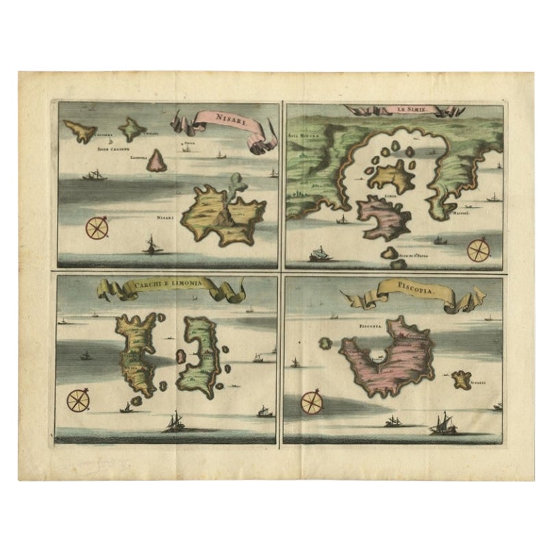 Antique Map of Nisari, Le Simie, Carchi Elimoia and Piscopia, Greece, 1687