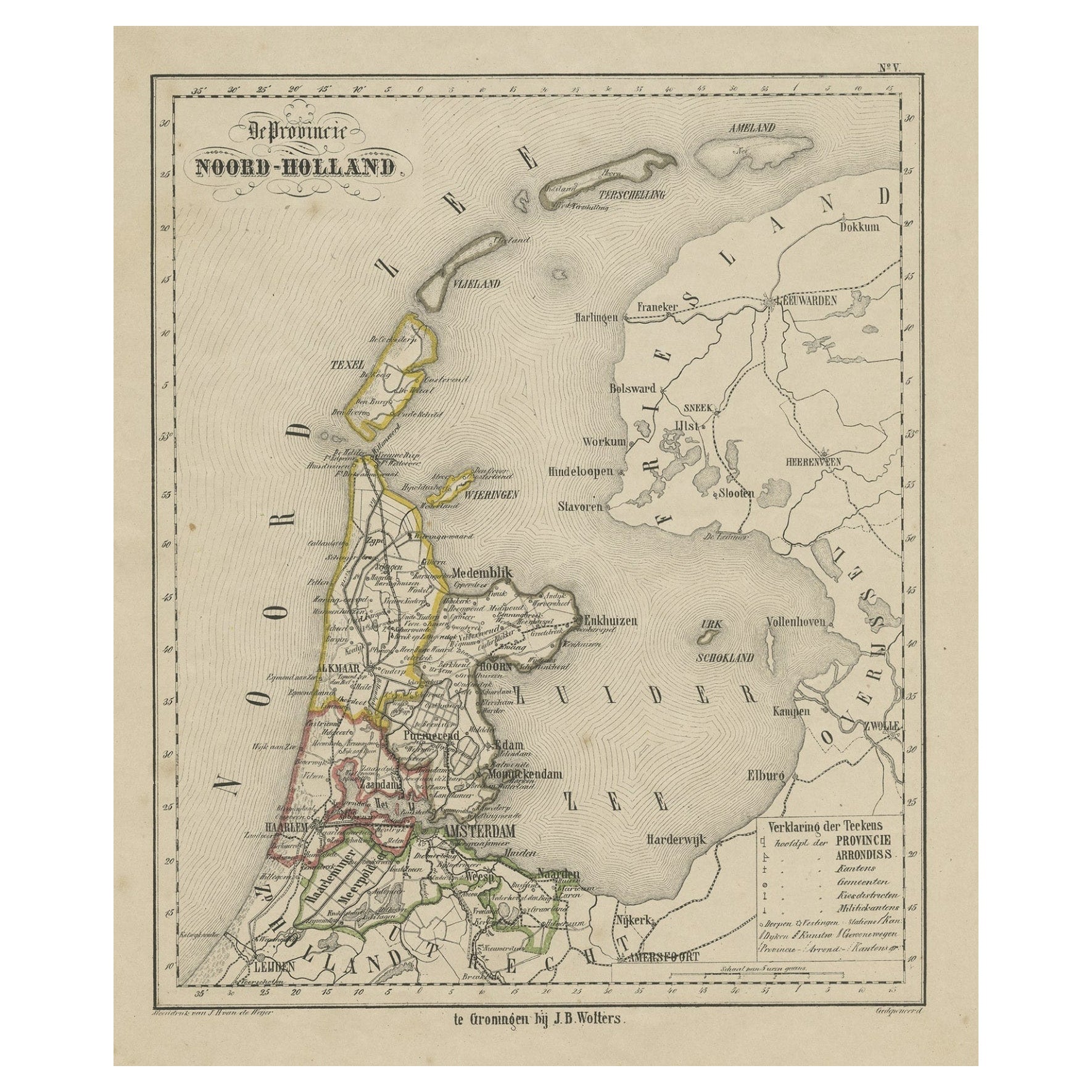 Carte ancienne de Noord- Hollande et de l'île Texel aux Pays-Bas, vers 1870