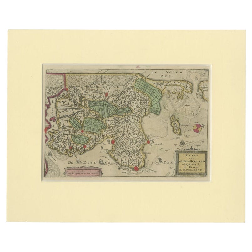 Rare Antique Map of Noord-Holland, Province in The Netherlands, c.1750