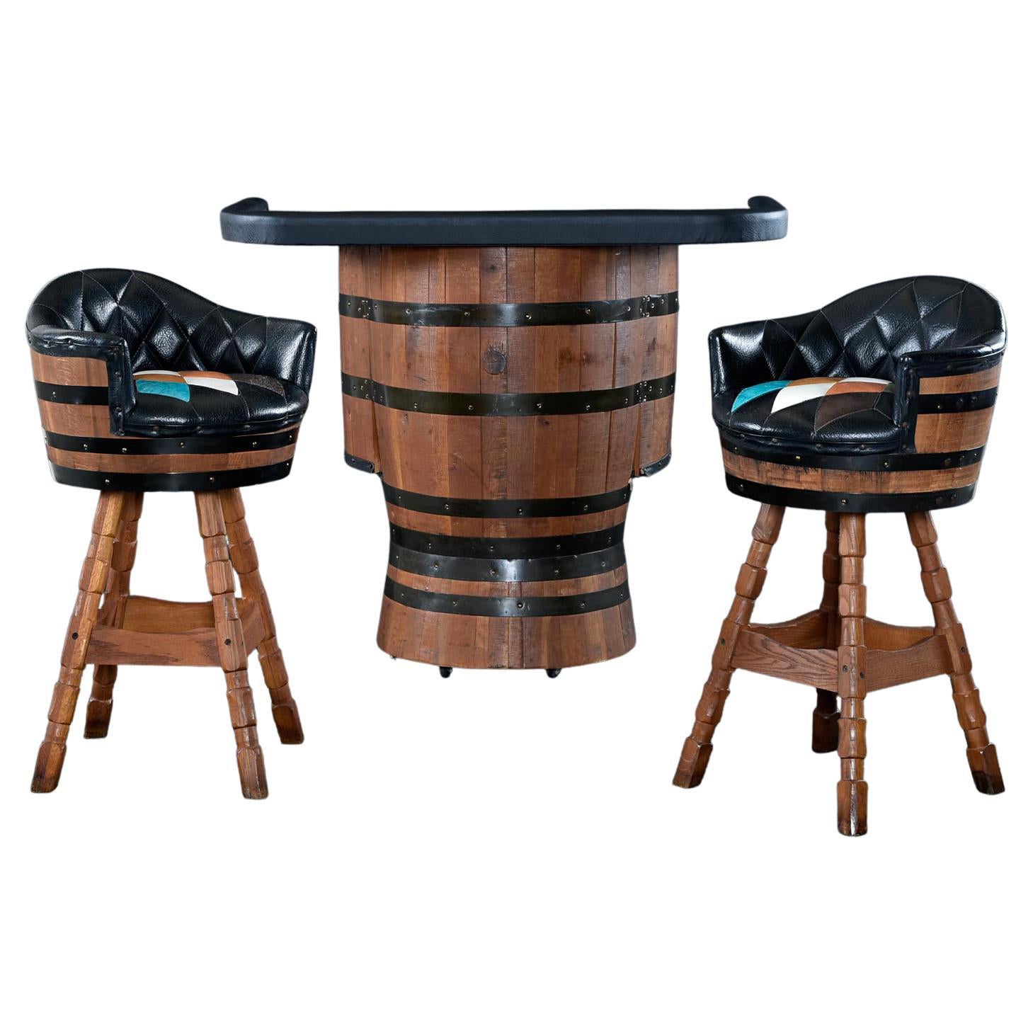 Brothers Furniture Harlequin Whiskey Barrel Dry Bar Set with Bar Stools