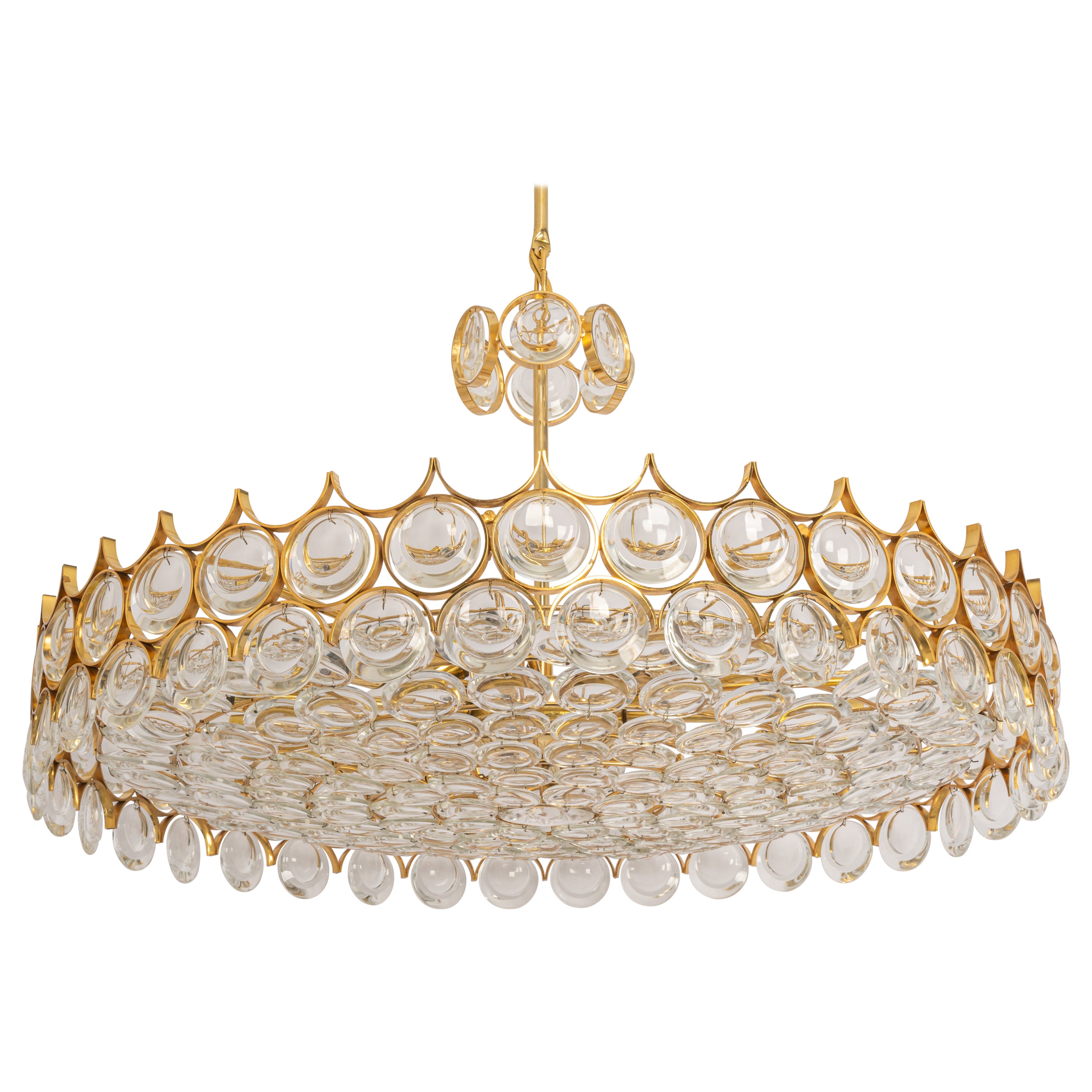 Huge Gilt Brass and Crystal Chandelier, Sciolari Design by Palwa, Germany, 1970s For Sale