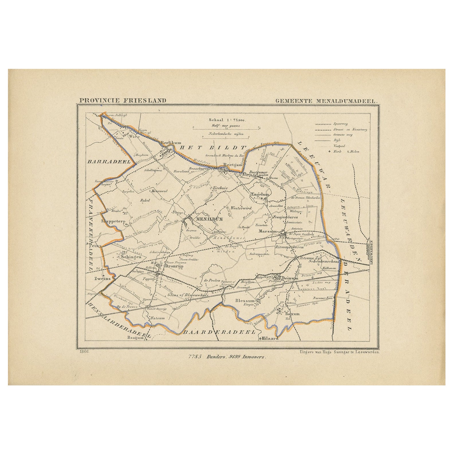 Antique Map of Menaldumadeel, Township in Friesland, The Netherlands, 1868