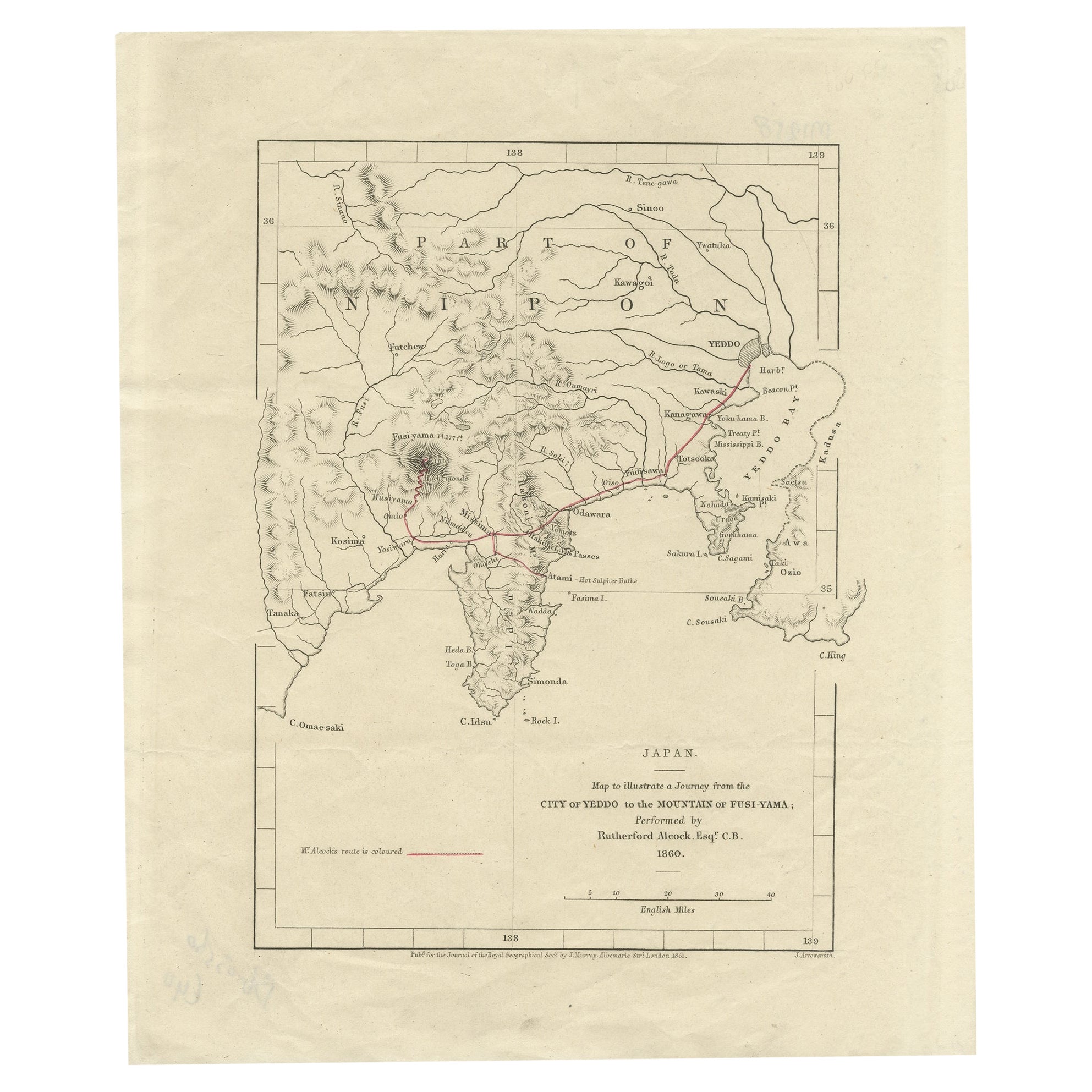 Old Map of Japan with the Track from Yedo to the Mount Fusi-Yama, 1861 For Sale