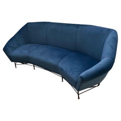 1960s Mid-Century Modern Blue Velvet Italian Curved Sofa