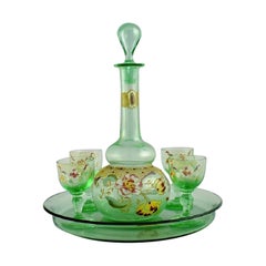 Legras, France, Cabarat Cigogne Liqueur Set in Green Mouth-Blown Art Glass