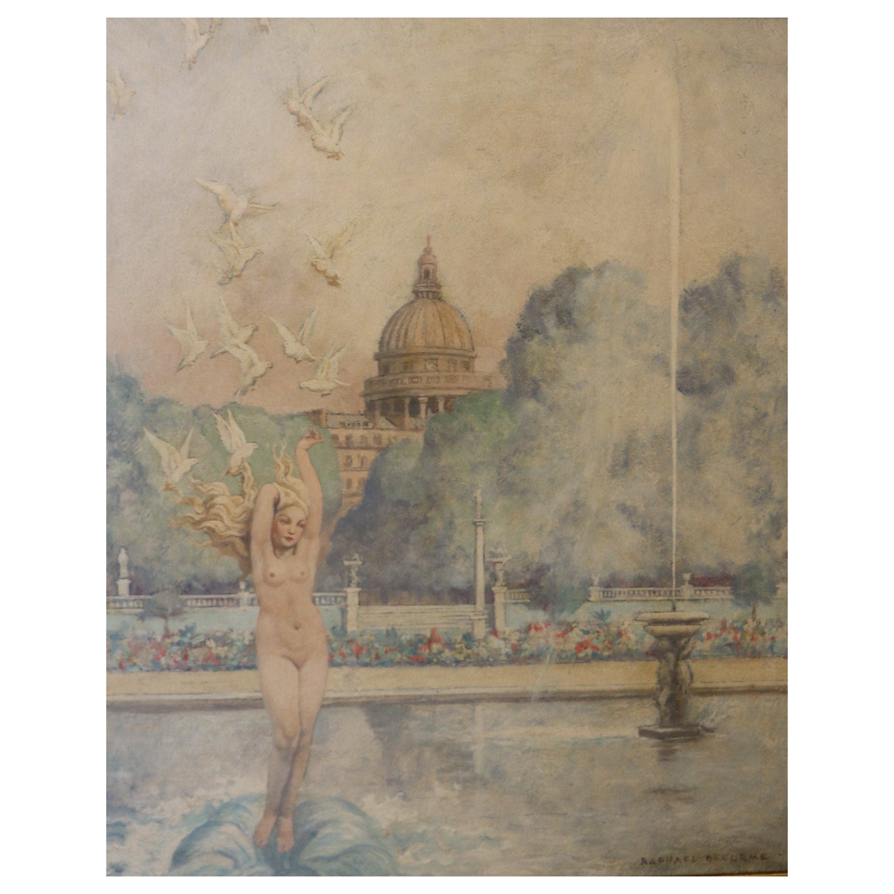 Exceptional Painting "Venus with Doves" by Raphael Delorme, Art Deco, France For Sale