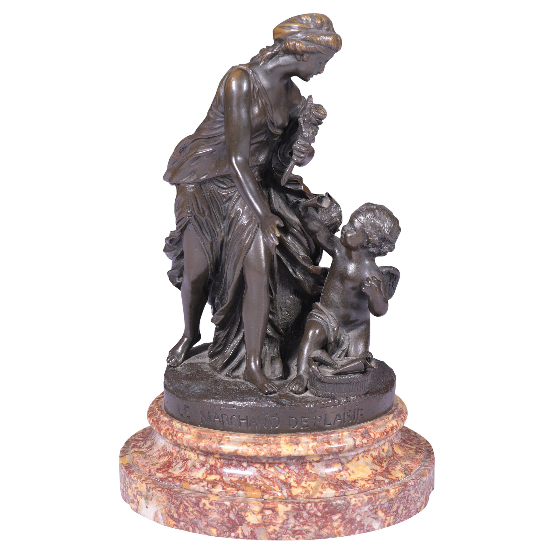 Klassische französische Bronzegruppe des 19. Jahrhunderts, signiert Pigal „Le Merchand De Plaisir“
