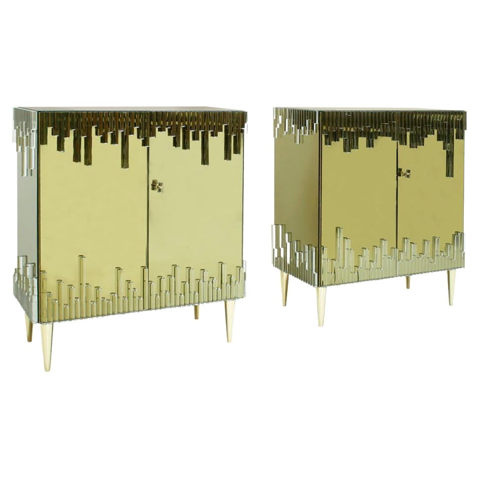 Mid-Century Modern Style Glass and Golden Mirror Pair of Italian Sideboards For Sale